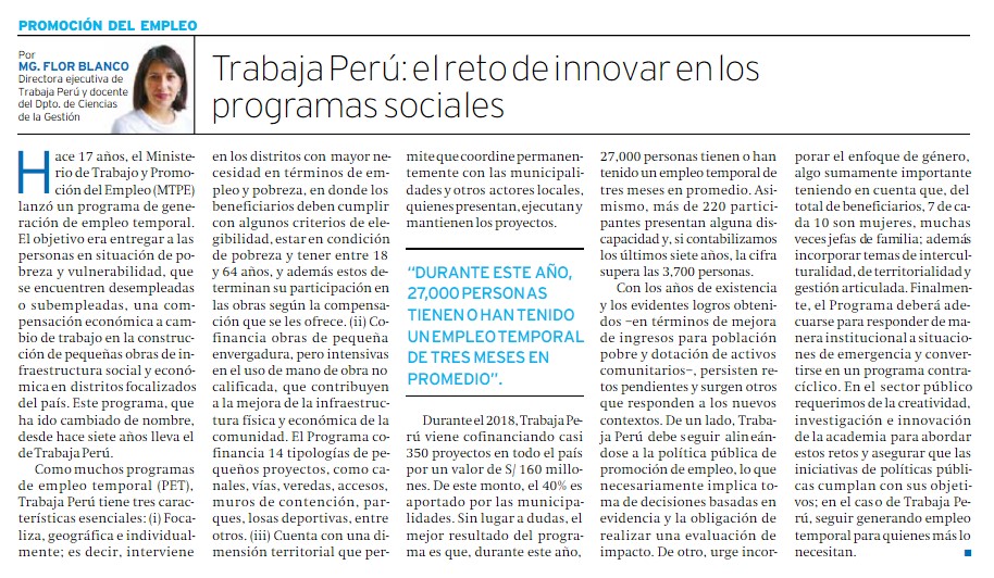 PuntoEdu PuntoEdu
08/11/2018
La directora ejecutiva del programa Trabaja Perú reflexiona sobre la labor de este programa y el impacto que tiene en la población.
Puedes leer el artículo de opinión en este enlace.…