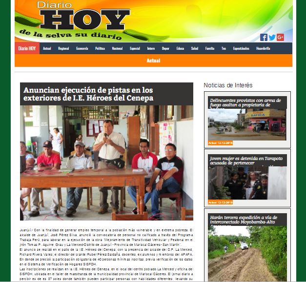 diario hoy Diario Hoy (Tarapoto)
22/08/2018
Juanjuí.- Con la finalidad de generar empleo temporal a la población más vulnerable y en extrema pobreza. El alcalde de Juanjuí, José Pérez Silva, anunció la convocatoria de…