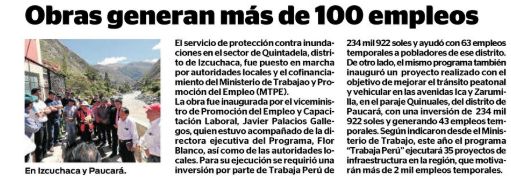 correo 19 mayo 2019 trabaja peru Correo (Huancavelica)
19/05/2019
El servicio de protección contra inundaciones en el sector de Quintadela, distrito de Izcuchaca, fue puesto en marcha por autoridades locales y el cofinanciamiento del Ministerio de Trabajo y…