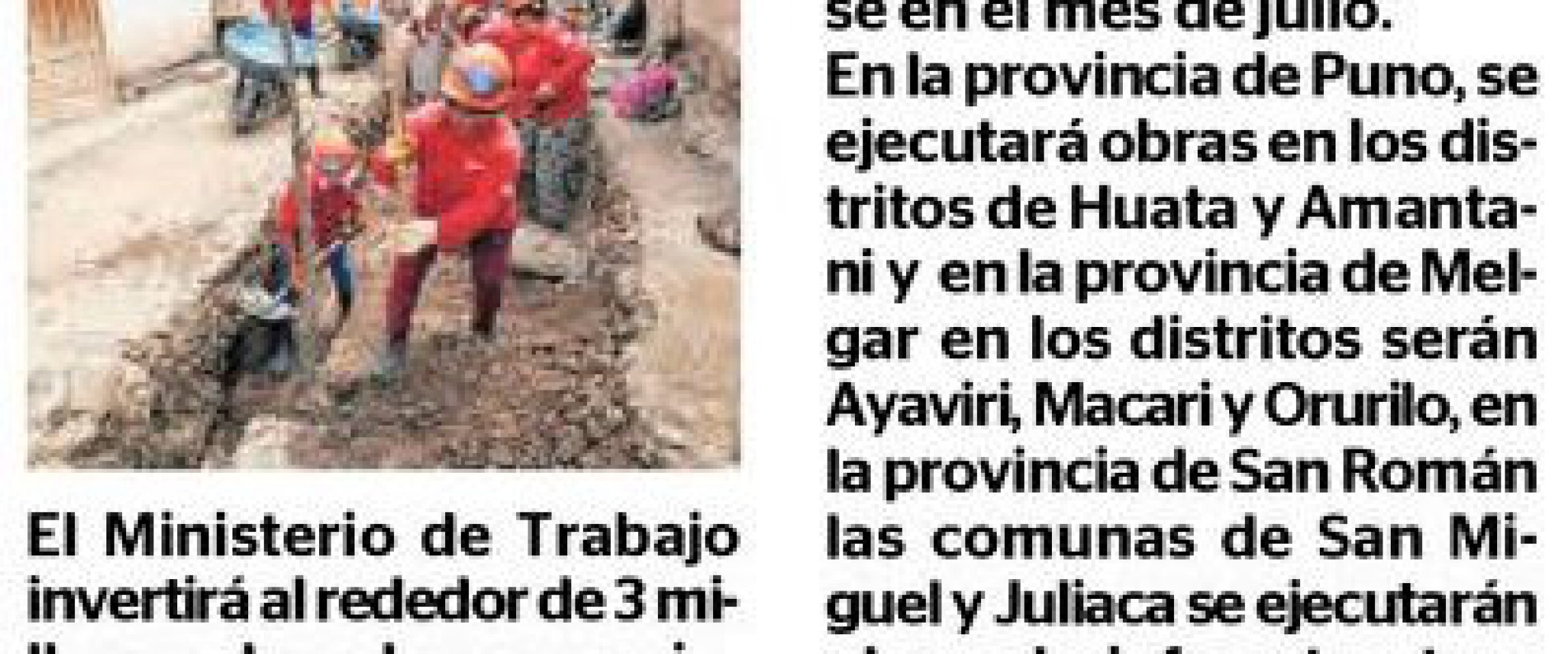 correoPuno Correo (Puno)
14/05/2019
El Ministerio de Trabajo invertirá alrededor de 3 millones de soles para ejecución de proyectos en la región Puno.
Lee la nota completa aquí.…