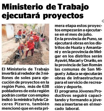 correoPuno Correo (Puno)
14/05/2019
El Ministerio de Trabajo invertirá alrededor de 3 millones de soles para ejecución de proyectos en la región Puno.
Lee la nota completa aquí.…