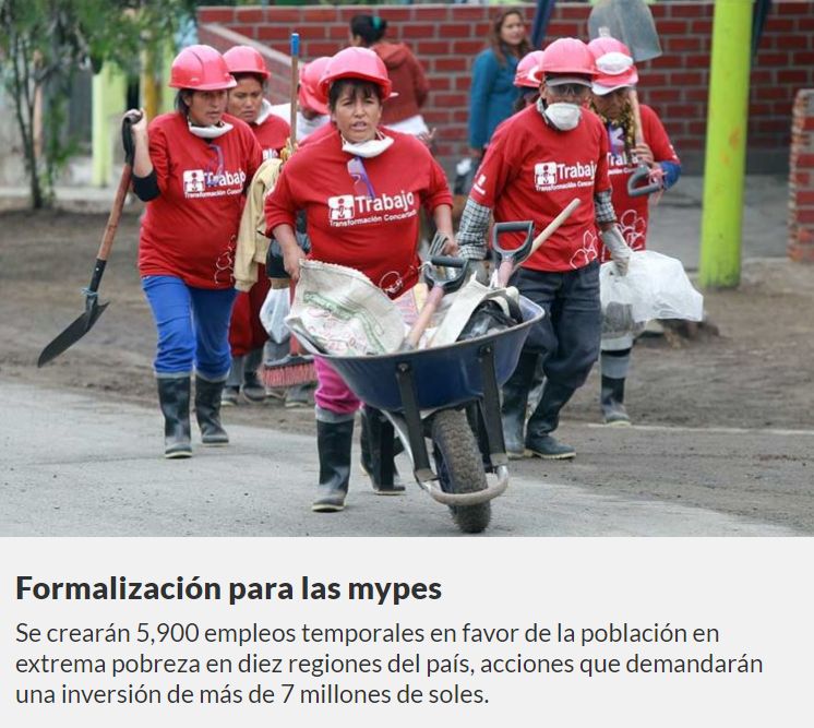 el peruano trabaja peru El Peruano
28/05/2019
La titular del Ministerio de Trabajo y Promoción del Empleo (MTPE), Sylvia Cáceres, anunció la creación de 5,900 empleos temporales en favor de la población en extrema pobreza en…