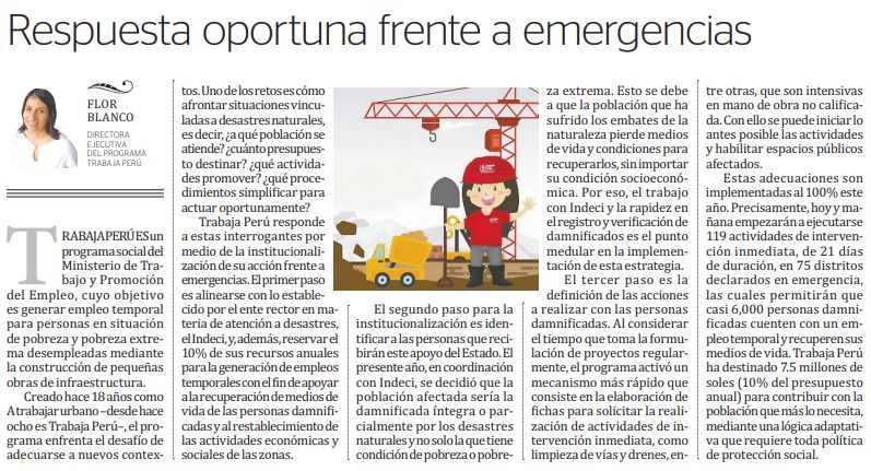 elperuano flor blanco El Peruano
07/05/2019
La directora ejecutiva de Trabaja Perú, Flor Blanco, escribe sobre el alcance del Programa en relación a las actividades de intervención inmediata.
Mira la entrevista aquí.…
