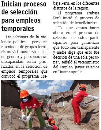 jornada trabajaperu junio2019 Jornada (Ayacucho)
27/06/2019
Las víctimas de la violencia política, personas rescatadas de grupos terroristas, víctimas de violencia de género y personas con discapacidad serán priorizados en la selección de empleos temporales que…