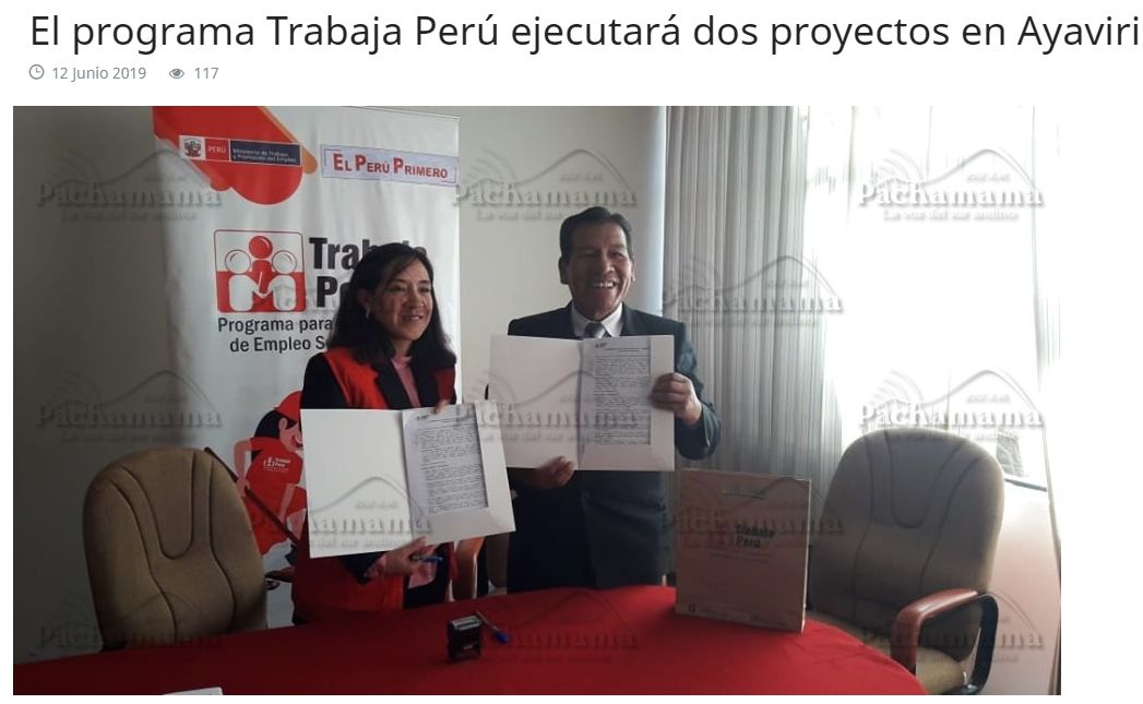 pachamama trabajaperu junio2019 Pachamama Radio (Puno)
12/06/2019
El Alcalde de la Municipalidad Provincial de Melgar Esteban Álvarez Ccasa y la representante del Programa Trabaja Perú firmaron un convenio para la ejecución de dos proyectos para…