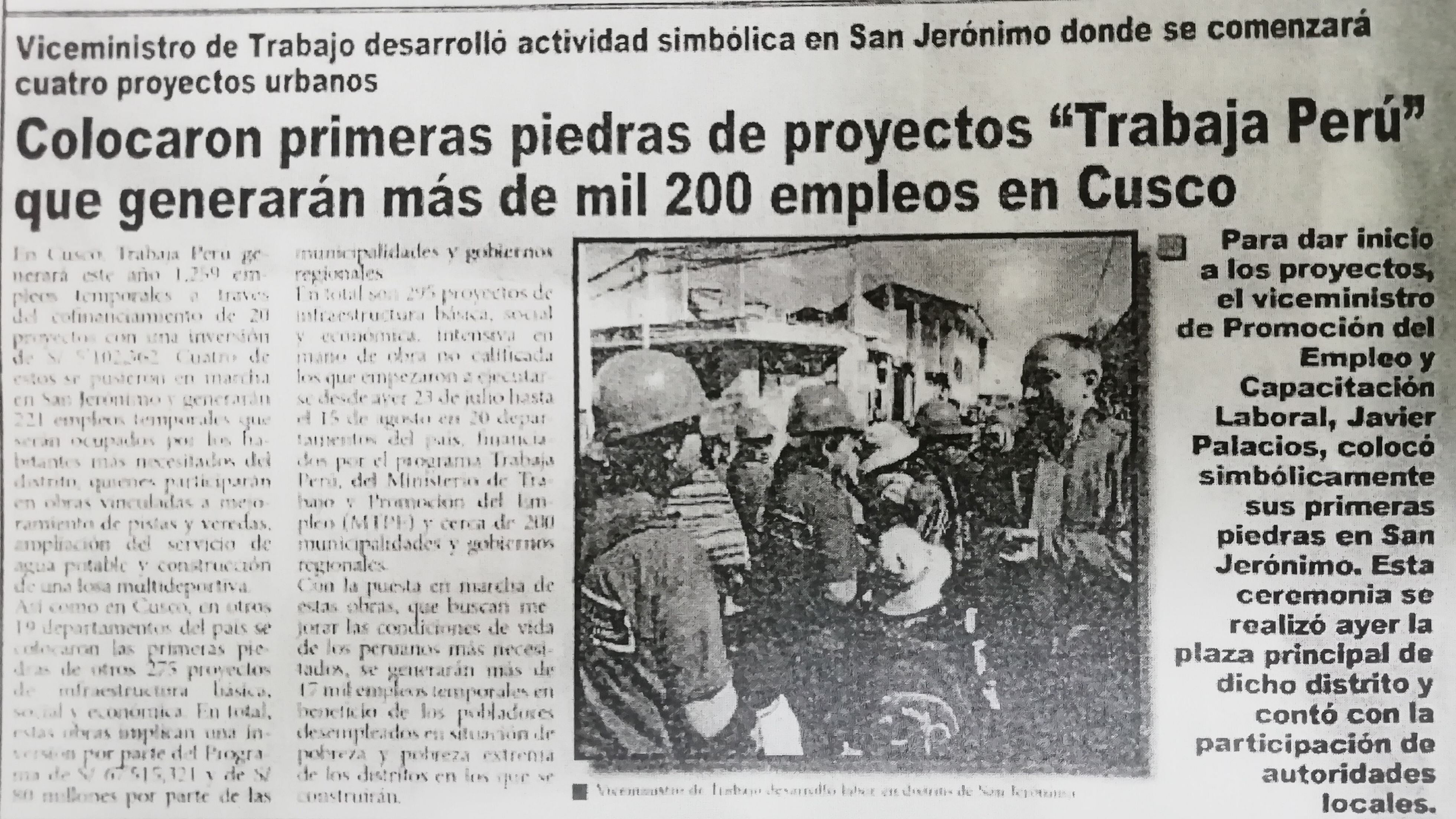 dav Matutino (Cusco)
24/07/2019
Para dar inicio a los proyectos, el viceministro de Promoción del Empleo y Capacitación Laboral, Javier Palacios, colocó simbólicamente sus primeras piedras en San Jerónimo. Esta ceremonia se realizó…