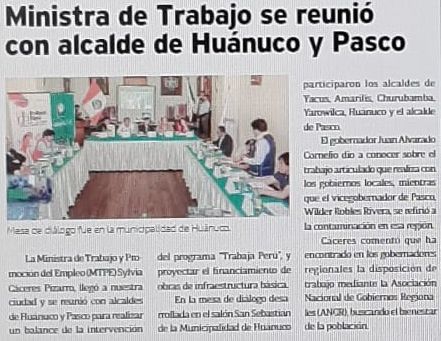 ahora trabajaperu2019 2 Ahora (Huánuco)
17/10/2019
La Ministra de Trabajo y Promoción del Empleo (MTPE), Sylvia Cáceres, se reunió con alcaldes de Huánuco y Pasco para realizar un balance de la intervención del programa Trabaja…