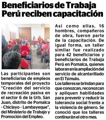 correo lambayeque trabajaperu2019 Correo (Lambayeque)
12/10/2019
Las participantes son beneficiarias de empleos temporales del proyecto “Creación del servicio de recreación pasiva en el sector 6 de la Urb. San Juan, distrito de Pomalca – Chiclayo…