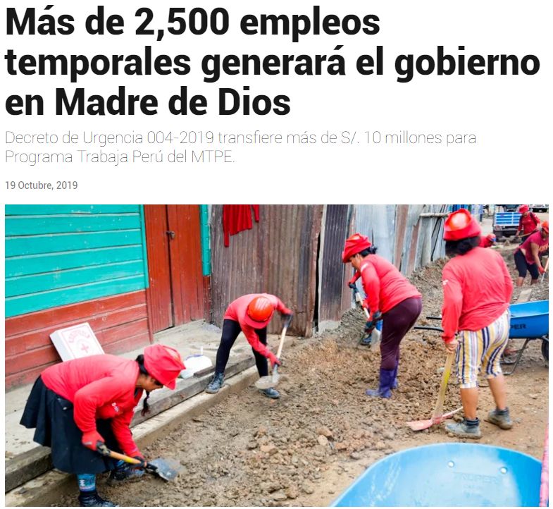 exitosa madre de dios trabajaperu2019 octubre Exitosa
19/10/2019
Decreto de Urgencia 004-2019 transfiere más de S/ 10 millones para Programa Trabaja Perú del MTPE.
Puedes leer aquí la nota completa.…