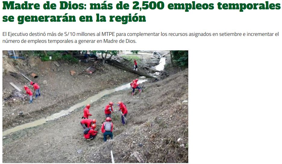 ojo madre de dios trabajaperu2019 octubre Ojo
19/10/2019
El Ejecutivo destinó más de S/10 millones al MTPE para complementar los recursos asignados en setiembre e incrementar el número de empleos temporales a generar en Madre de Dios.
Puedes leer…