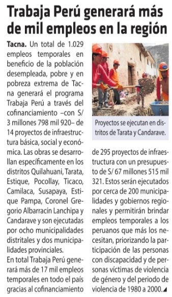 sin fronteras trabajaperu 2019 Sin Fronteras (Tacna)
03/10/2019
Un total de 1,029 empleos temporales generará el programa del MTPE a través del cofinanciamiento de 14 proyectos de infraestructura básica, social y económica.
Puedes leer la nota completa…