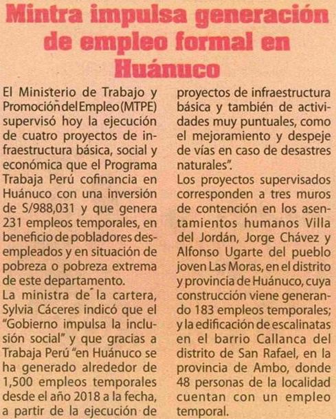 trome trabajaperu2019 octubre Trome
18/10/2019
El Ministerio de Trabajo y Promoción del Empleo (MTPE) supervisó hoy la ejecución de cuatro proyectos de infraestructura básica, social y económica que el Programa Trabaja Perú cofinancia en Huánuco…