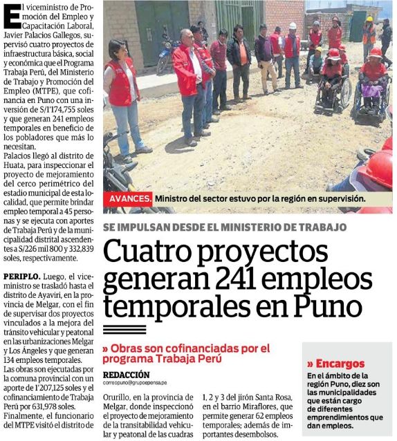 correo trabajaperu puno Correo (Puno)
28/11/2019
Obras son cofinanciadas por Trabaja Perú.…