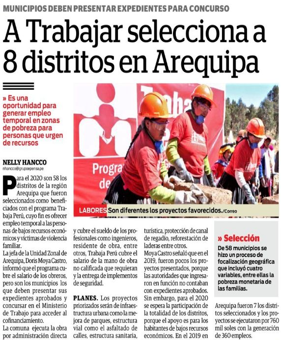 correo trabajaperu2019 noviembre2019 Correo (Arequipa)
23/11/2019
Para el 2020 son 58 los distritos de la región Arequipa que fueron seleccionados como beneficiados del programa Trabaja Perú.
Puedes leer la nota completa aquí.…