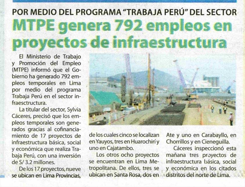 razon trabajaperu2019 noviembre La Razón (Lima)
22/11/2019
El Ministerio de Trabajo y Promoción del Empleo (MTPE) informó que el Gobierno ha generado 792 empleos temporales en Lima por medio del programa Trabaja Perú en el…