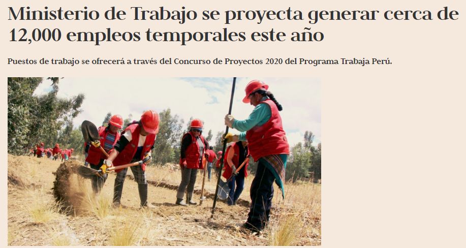 gestion trabajaperu2020 Gestión
12/01/2020
El Ministerio de Trabajo y Promoción del Empleo (MTPE) lanzó las bases del Concurso de Proyectos 2020 del Programa Trabaja Perú, por el cual se prevé generar cerca de 12…