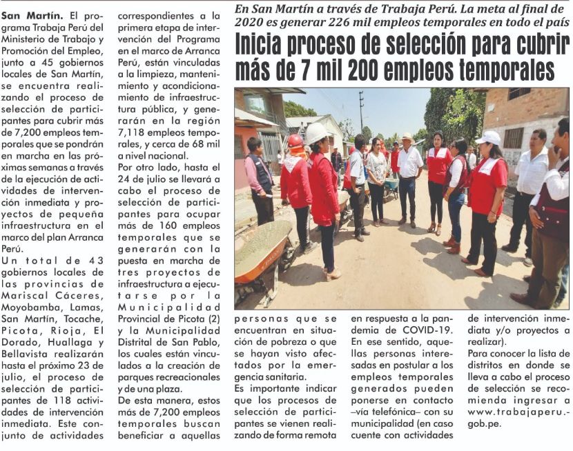 diario amanecer trabaja peru julio 2020 Diario Amanecer (San Martín)
22/07/2020
A través de Trabaja Perú. La meta final es generar más de 226 mil empleos temporales en todo el país.…